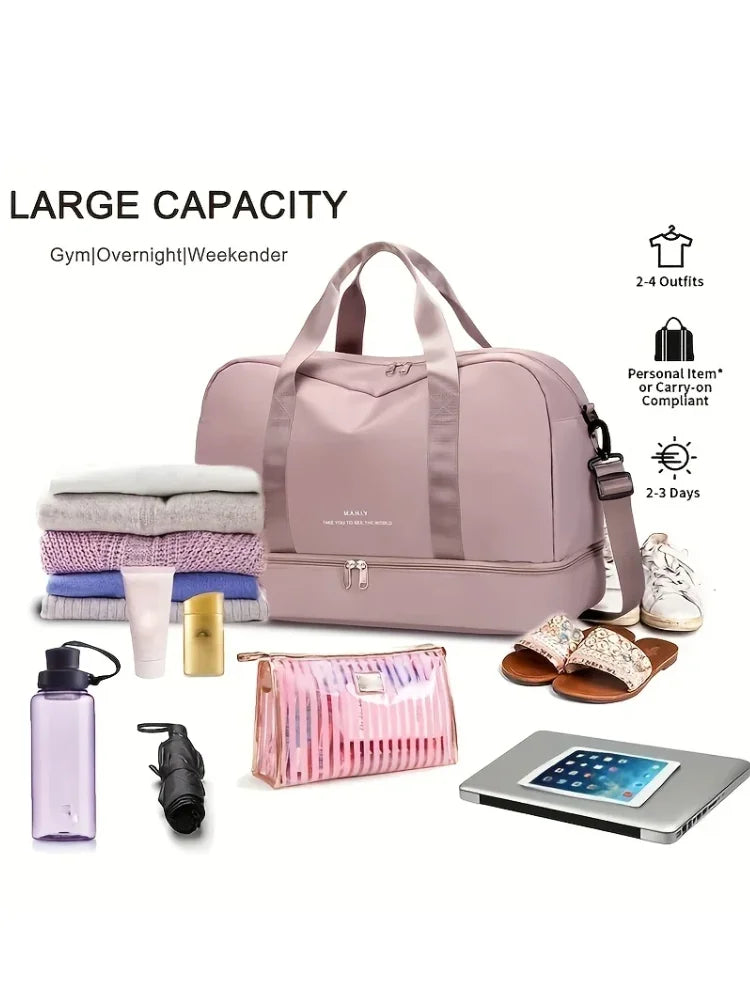 A large pink expandable nylon travel duffle bag is shown with various toiletries and a portable charger.
