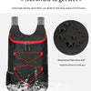 A black outdoor folding backpack with red accents is shown against a snowy background.