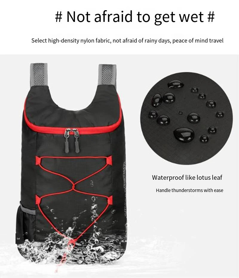 A black outdoor folding backpack with red accents is shown against a snowy background.