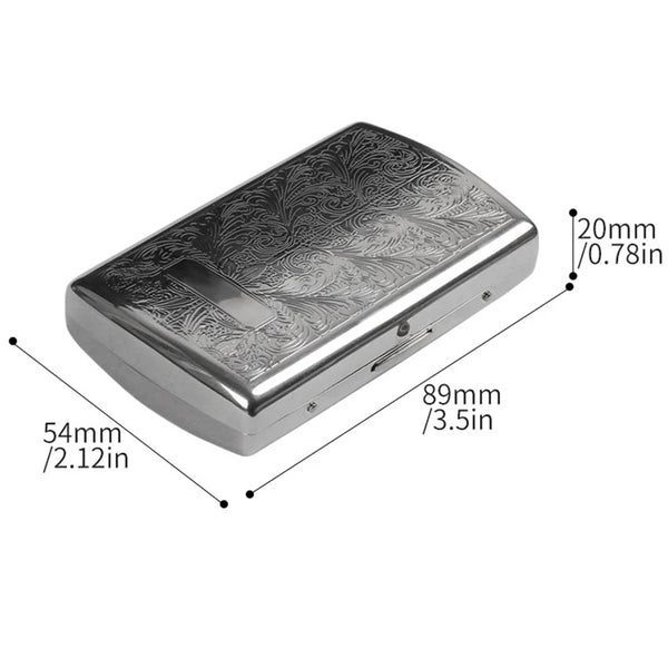 A silver vintage engraved metal cigarette case shown from above with dimensions listed.