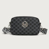 Black patterned crossbody bag with gold hardware and a decorative leather strap