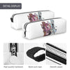 A white pencil case featuring a colorful illustration of magical girls and showing details like hardware, nylon pull rope, an