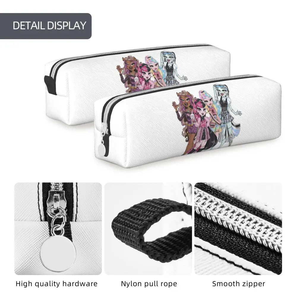A white pencil case featuring a colorful illustration of magical girls and showing details like hardware, nylon pull rope, an