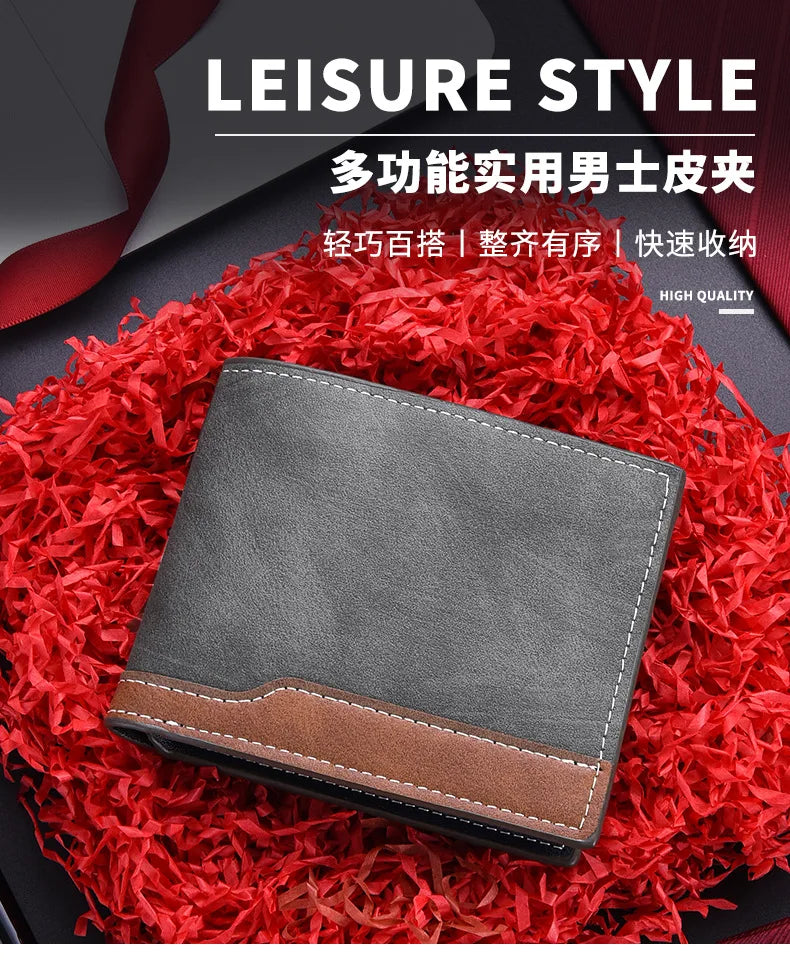 A dark gray and brown PU leather men's wallet with an ID card holder resting on a vibrant red, fluffy surface.