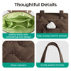 A quilted brown tote bag showing interior lining, exterior pockets, water resistance, and padded handles.