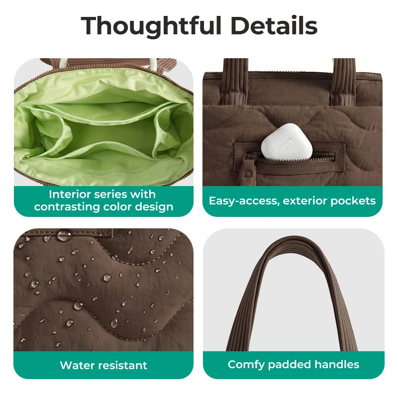 A quilted brown tote bag showing interior lining, exterior pockets, water resistance, and padded handles.