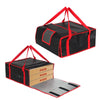 Black insulated pizza delivery bag with red straps and aluminum foil lining.