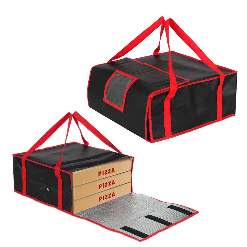 Black insulated pizza delivery bag with red straps and aluminum foil lining.