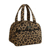 A brown leopard print insulated lunch tote bag with black handles.