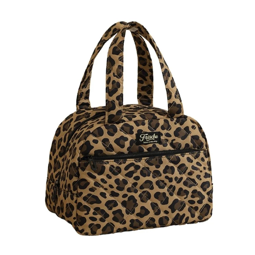 A brown leopard print insulated lunch tote bag with black handles.