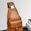 A brown men's PU leather belt sling chest bag with a silver buckle and zippered compartment.