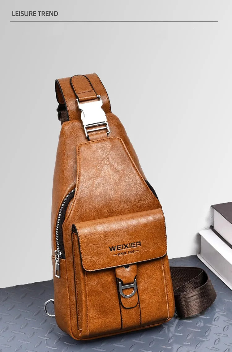 A brown men's PU leather belt sling chest bag with a silver buckle and zippered compartment.