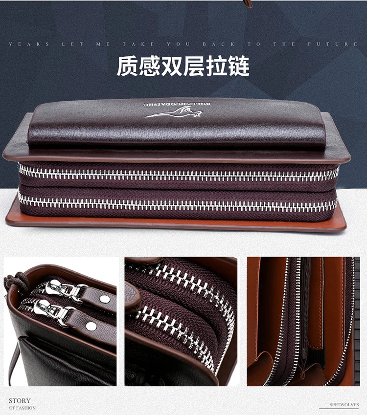 Portefeuille clutch en cuir marron avec double fermeture éclair et surpiqûres noires.