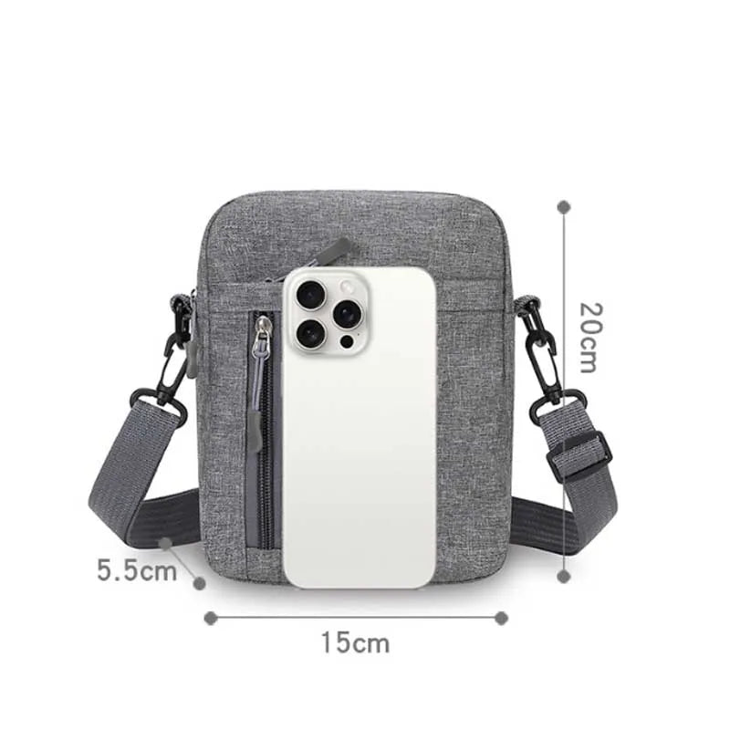 A gray lightweight nylon crossbody shoulder bag with a strap and a white smartphone insert.