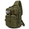 Olive green sling backpack with a US flag patch and multiple pockets