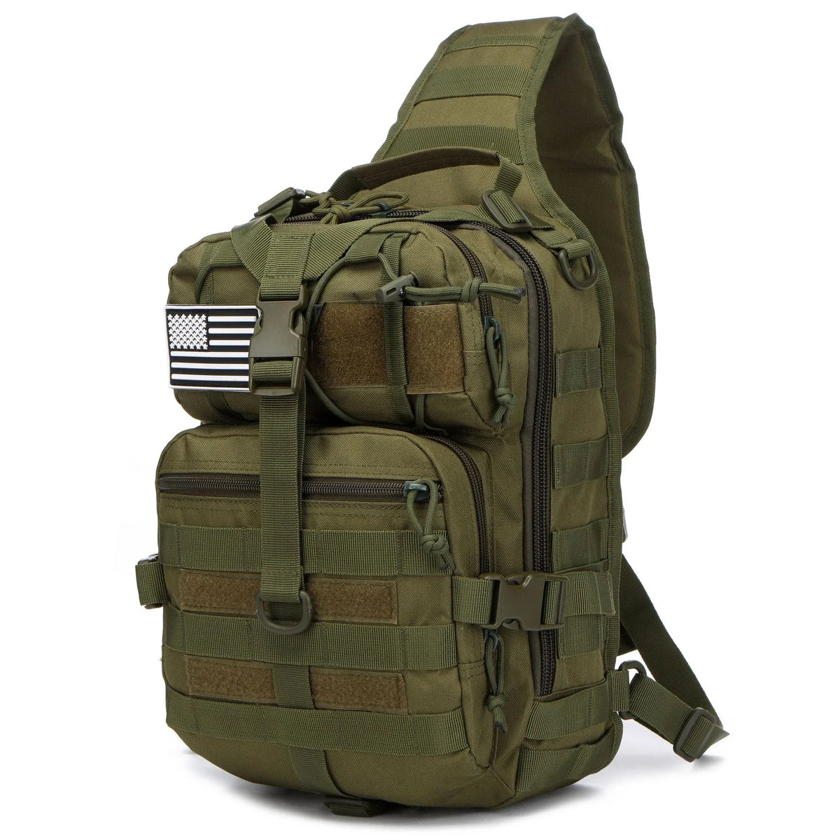 Olive green sling backpack with a US flag patch and multiple pockets