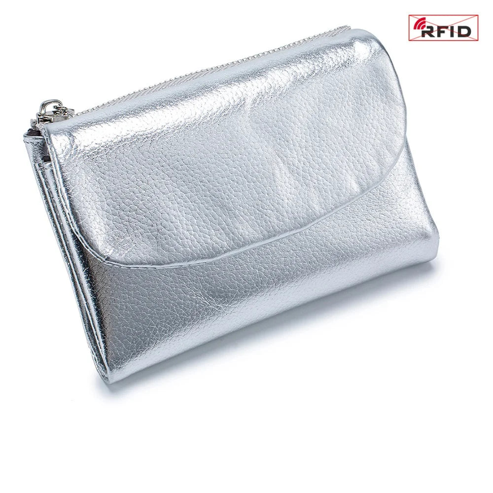 Silver genuine leather mini card holder wallet with a zipper closure