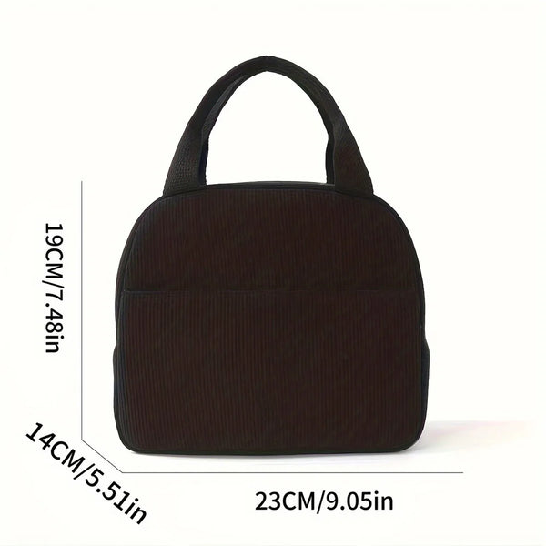 A black reusable thermal insulated bento bag shown from the top view with dimensions provided.
