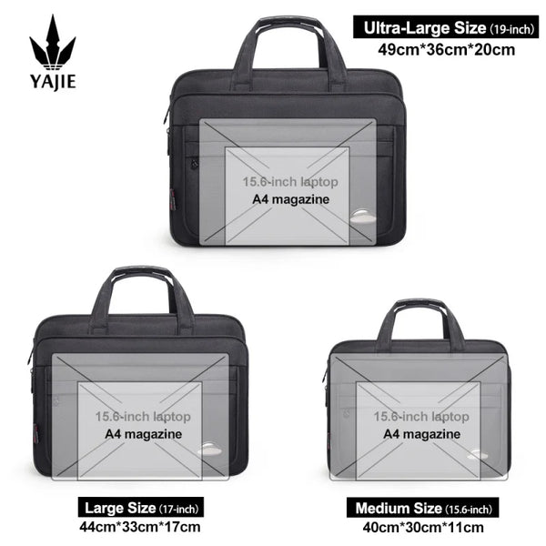 A black durable canvas business laptop briefcase shown in multiple sizes and configurations.