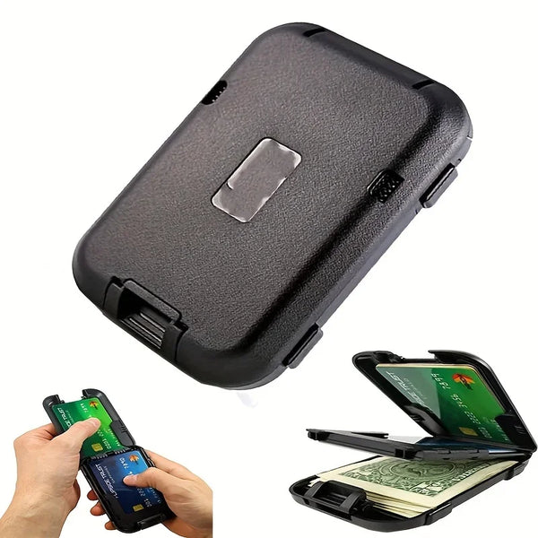 A black anti-RFID blocking metal ID card wallet is shown next to a smartphone and some cash.