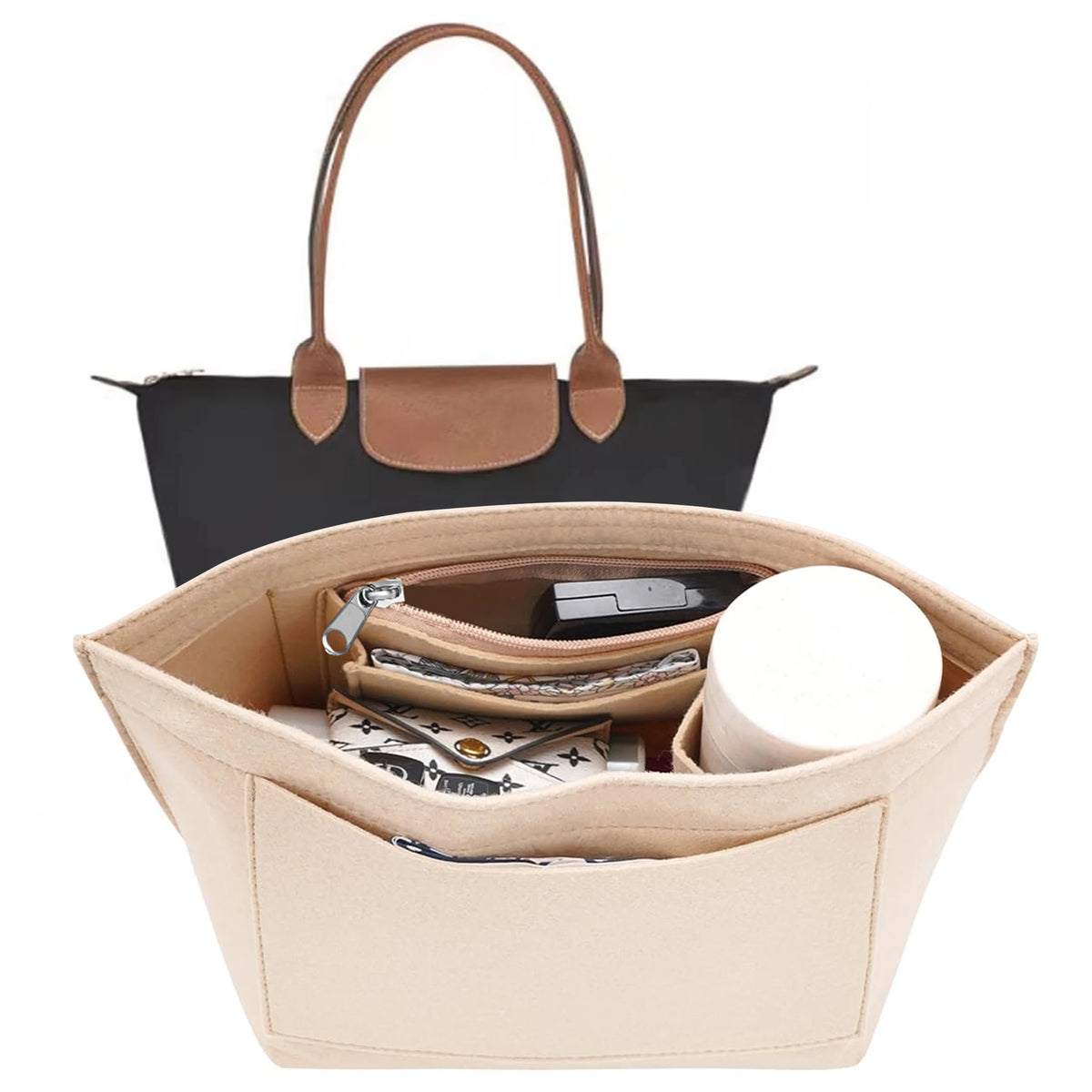 A light beige felt insert bag designed to organize and protect a handbag.
