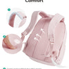 Pink lightweight backpack showing contoured shoulder straps and a ventilated, padded back panel.