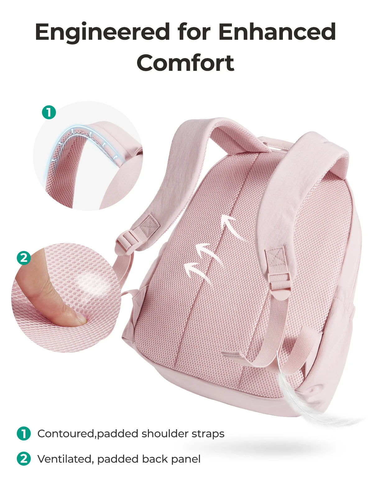 Pink lightweight backpack showing contoured shoulder straps and a ventilated, padded back panel.