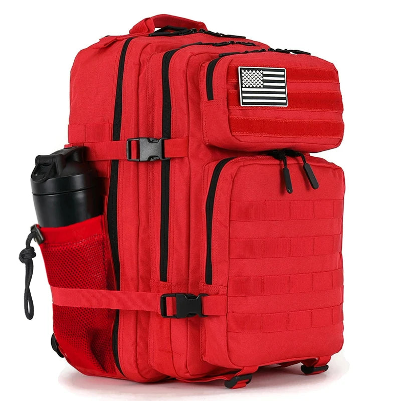 A red tactical backpack with black accents and a flag patch on the front pocket.