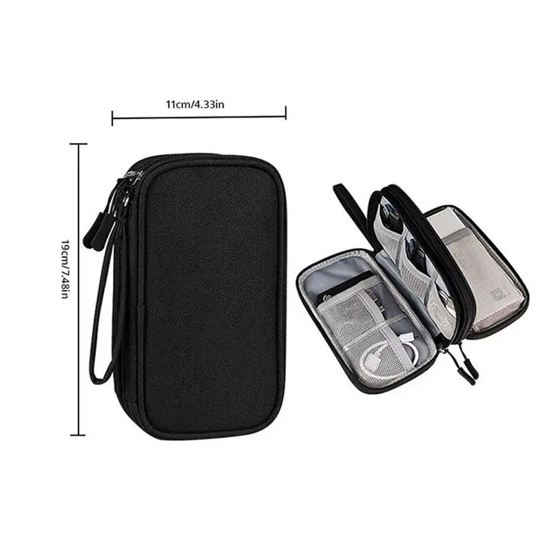 Black portable digital accessory organizer pouch with a clear zippered compartment.