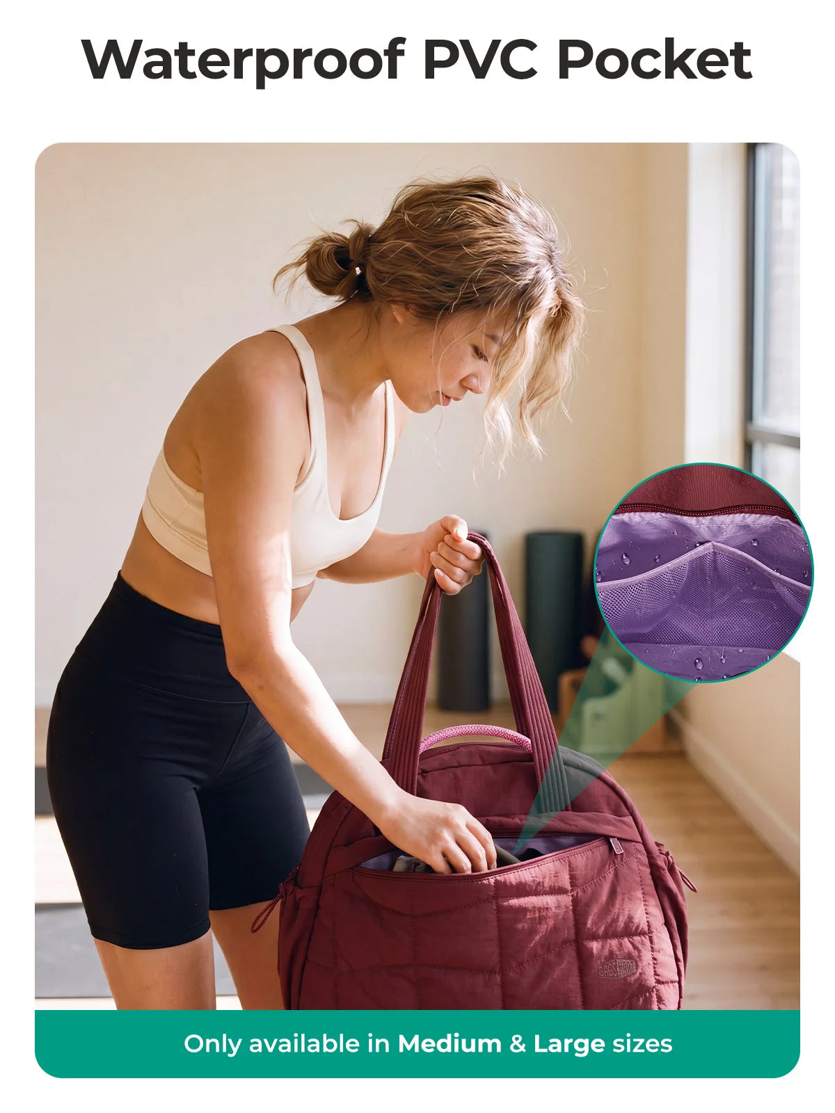 Una mujer está usando un bolsillo de PVC impermeable, parte de un bolso acolchado tipo puffer para hombros.