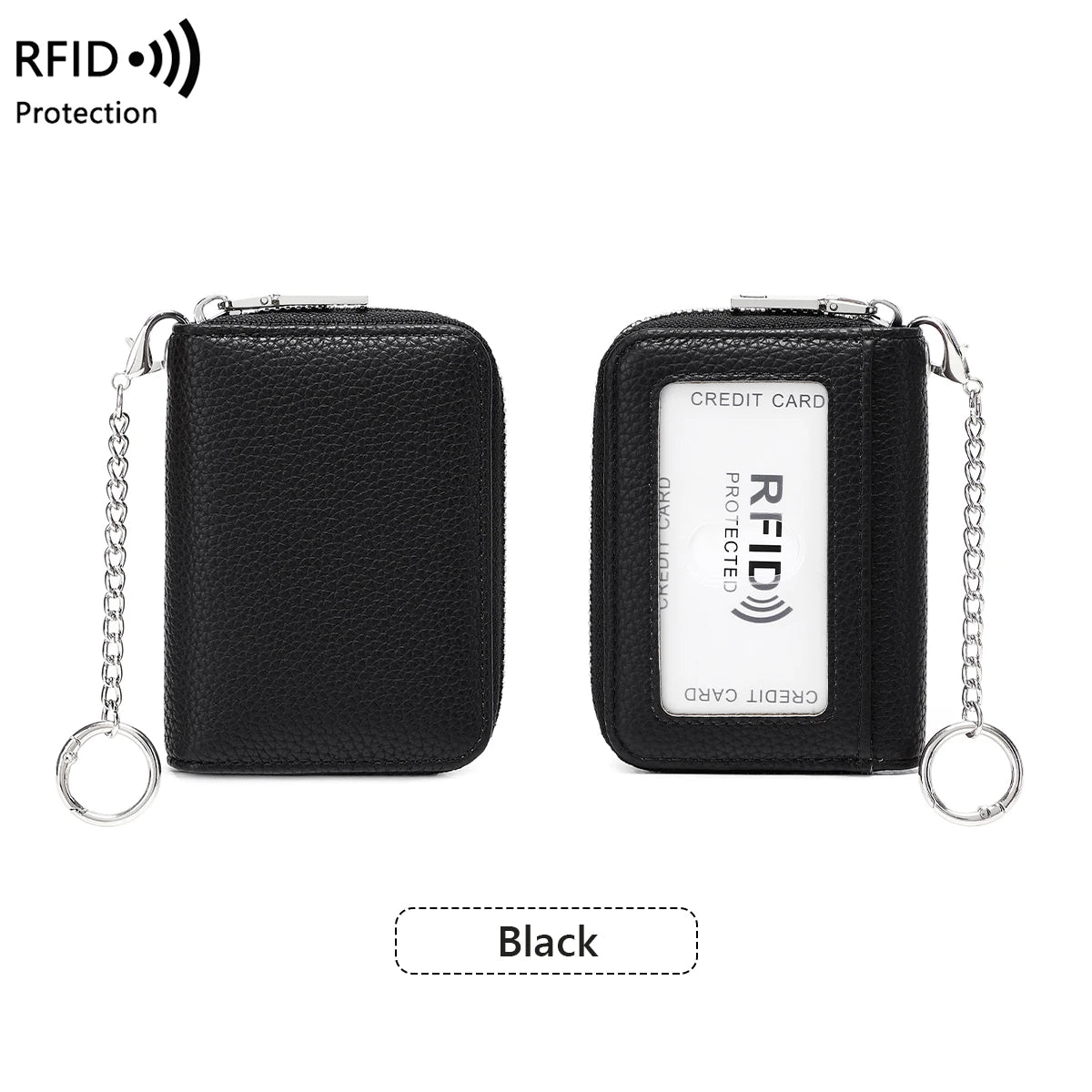 Black RFID protected accordion wallet for cards and IDs with a chain.