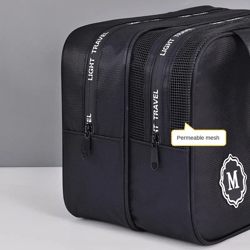 Schwarze Organizer-Tasche für Make-up, groß, trocken-nass, mit Netzfächern