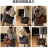 Multiple views of a leopard print vintage tote bag carried by a woman.