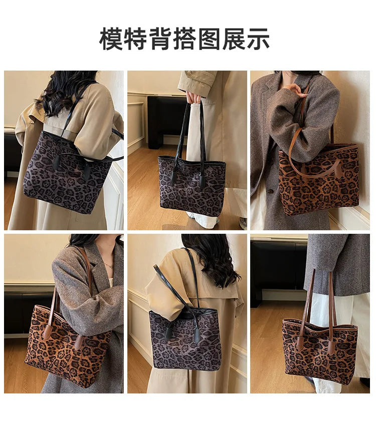 Multiple views of a leopard print vintage tote bag carried by a woman.