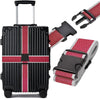 Black rolling luggage with adjustable red and gray straps for secure packing