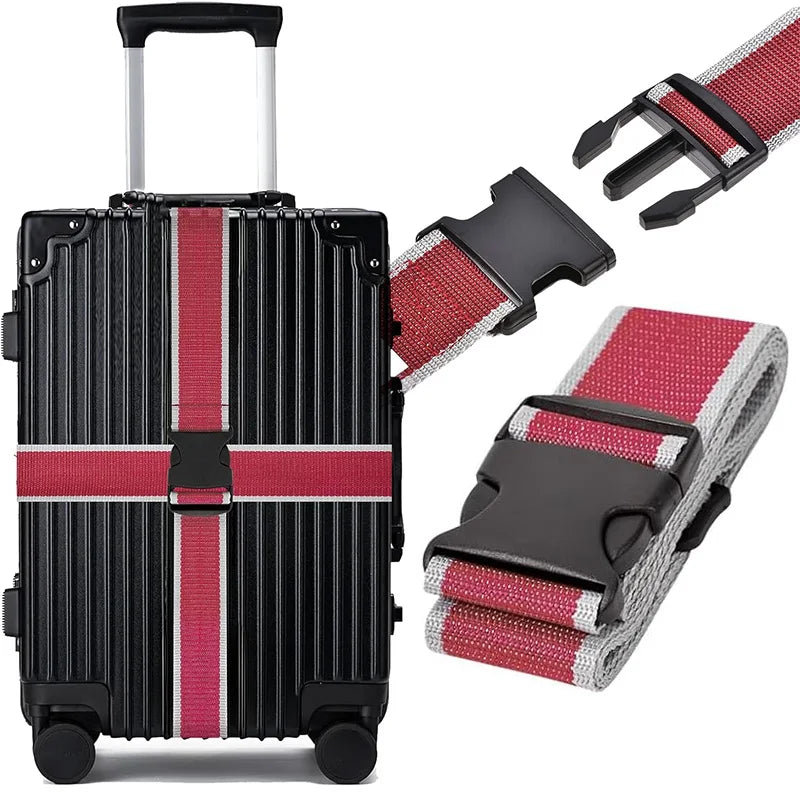 Black rolling luggage with adjustable red and gray straps for secure packing