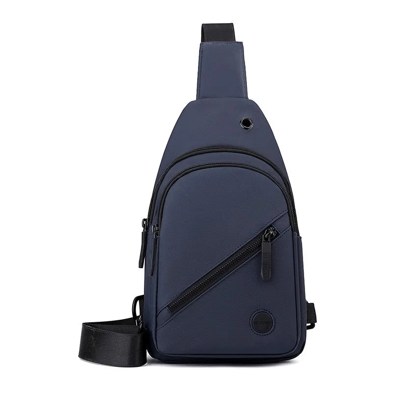 A dark blue lightweight nylon crossbody sling bag with a black strap and zipper detail.