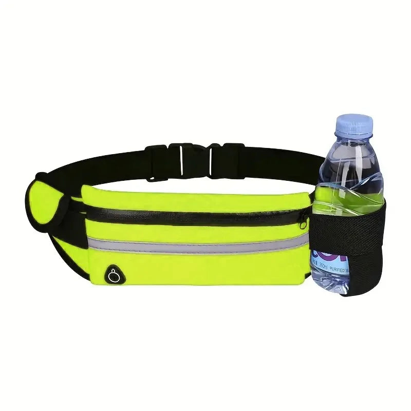 A bright yellow waterproof running waist pack with a black strap and a clear plastic water bottle.