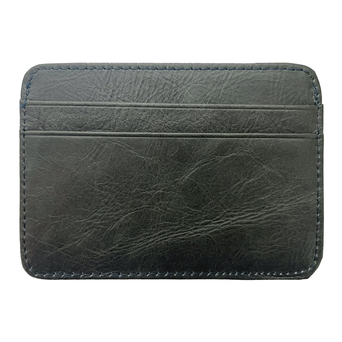 Dunkelgraves Echtes Kuhfell-Kartenträger-Wallet mit gestickten Kanten.