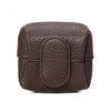 A dark brown, textured leather coin purse with a snap closure.
