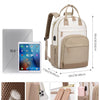 A beige women's fashion laptop backpack shown with accessories and dimensions for a 15.6 inch laptop.