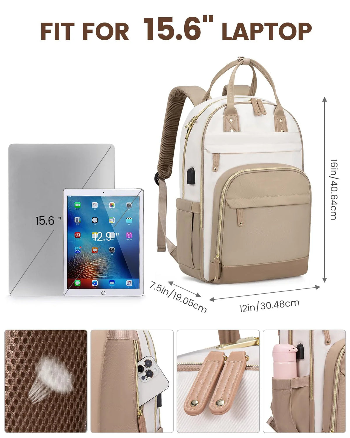 A beige women's fashion laptop backpack shown with accessories and dimensions for a 15.6 inch laptop.