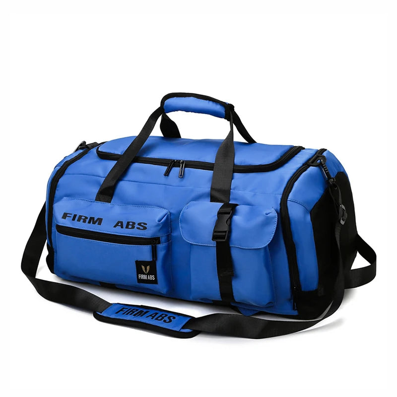 A blue tactical backpack with black straps and buckles is shown against a white background.