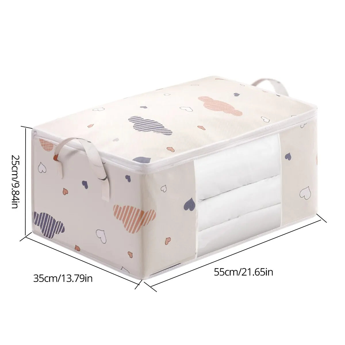 Beige Stoffaufbewahrungstasche mit Deckel und mehreren Fächern für Kleidung.