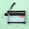 A clear double-layer zippered pouch with a black strap and a red tag, shown against a light green background.