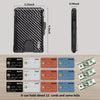 A black slim minimalist wallet shown in multiple views, capable of holding about 12 cards and some bills.