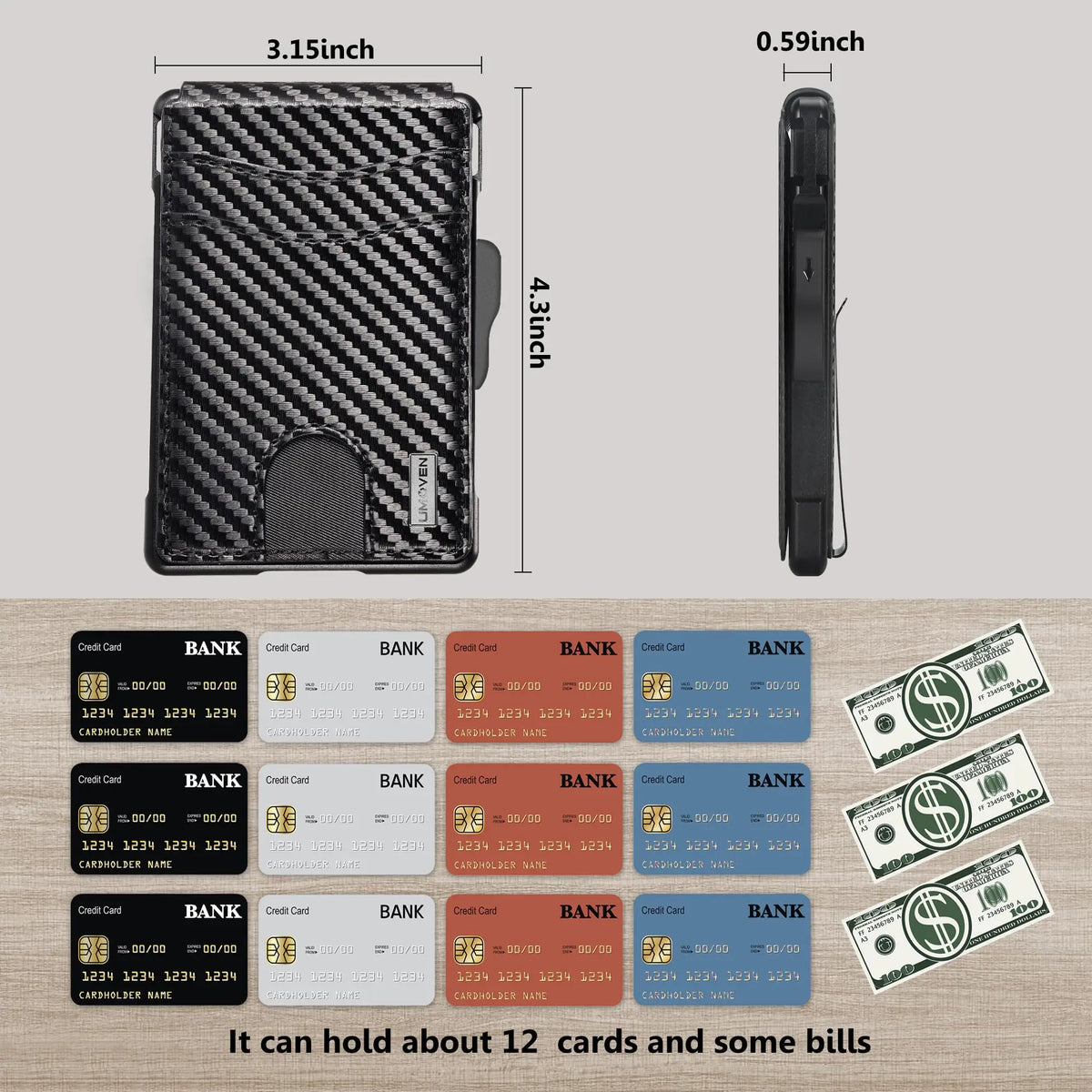 A black slim minimalist wallet shown in multiple views, capable of holding about 12 cards and some bills.