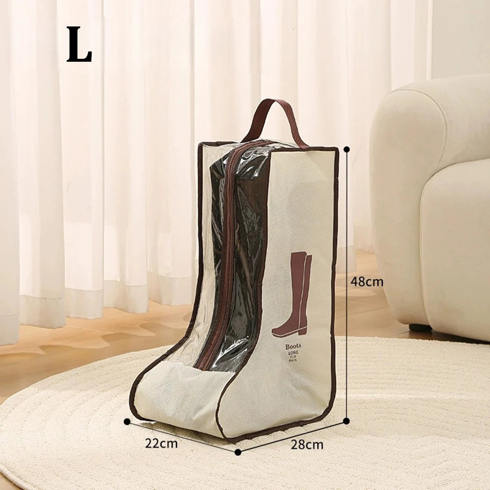 A beige portable waterproof boot storage bag with brown accents is shown on a light rug.