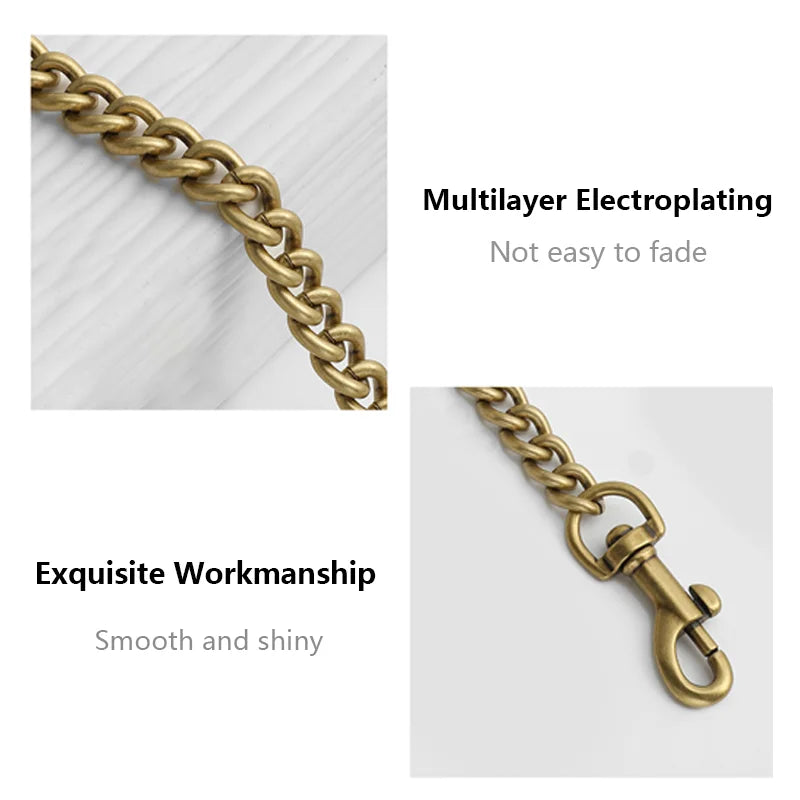 A close-up of a gold-toned metal chain bag strap with exquisite workmanship and a smooth, shiny finish.