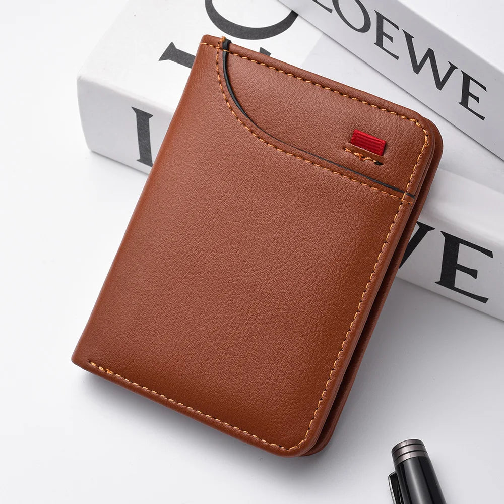 A brown ultra-thin PU leather credit card wallet for men resting on a white surface.